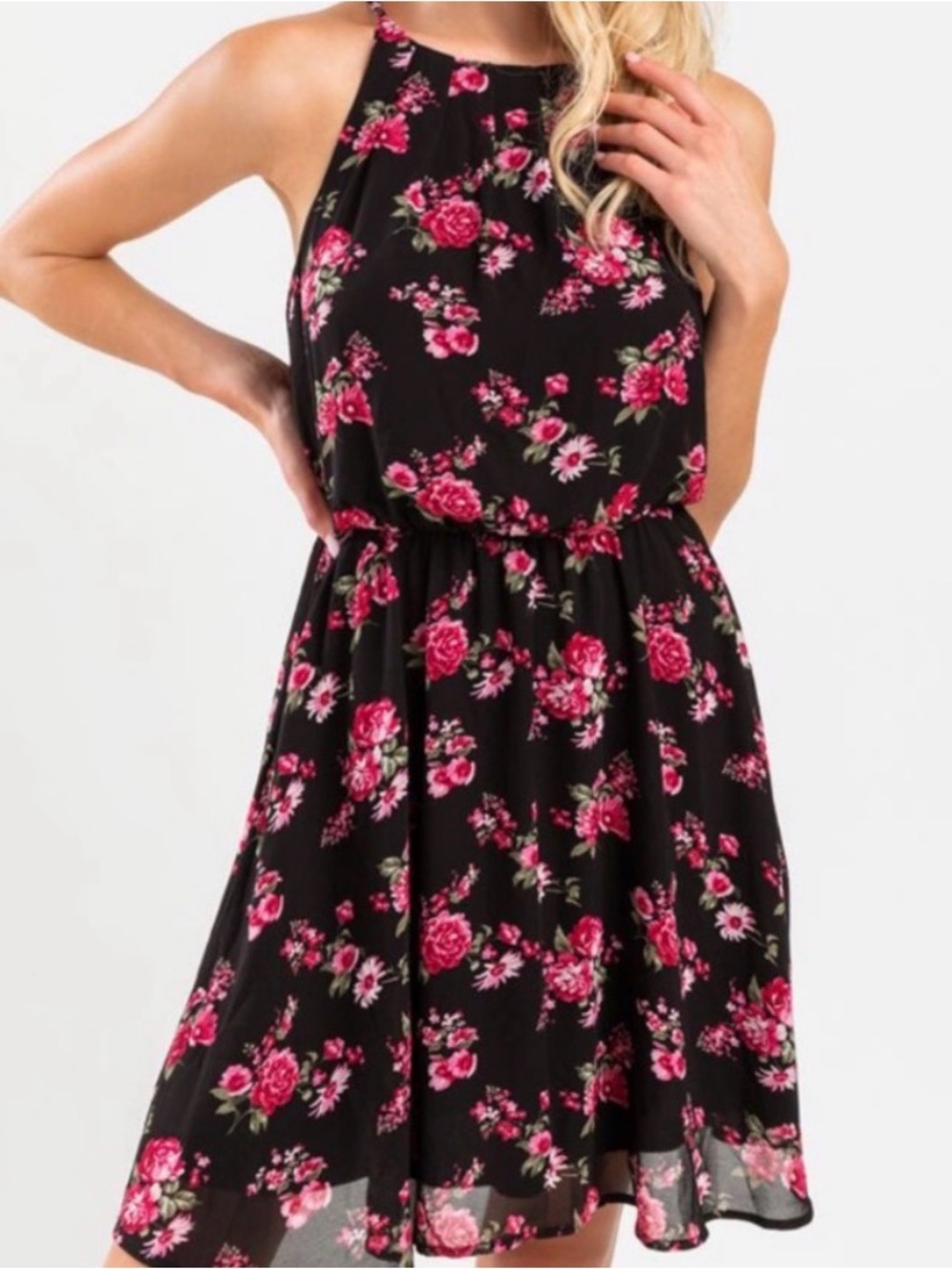 Francesca's Collections Black Halter Mini Dress with Pink Floral Print